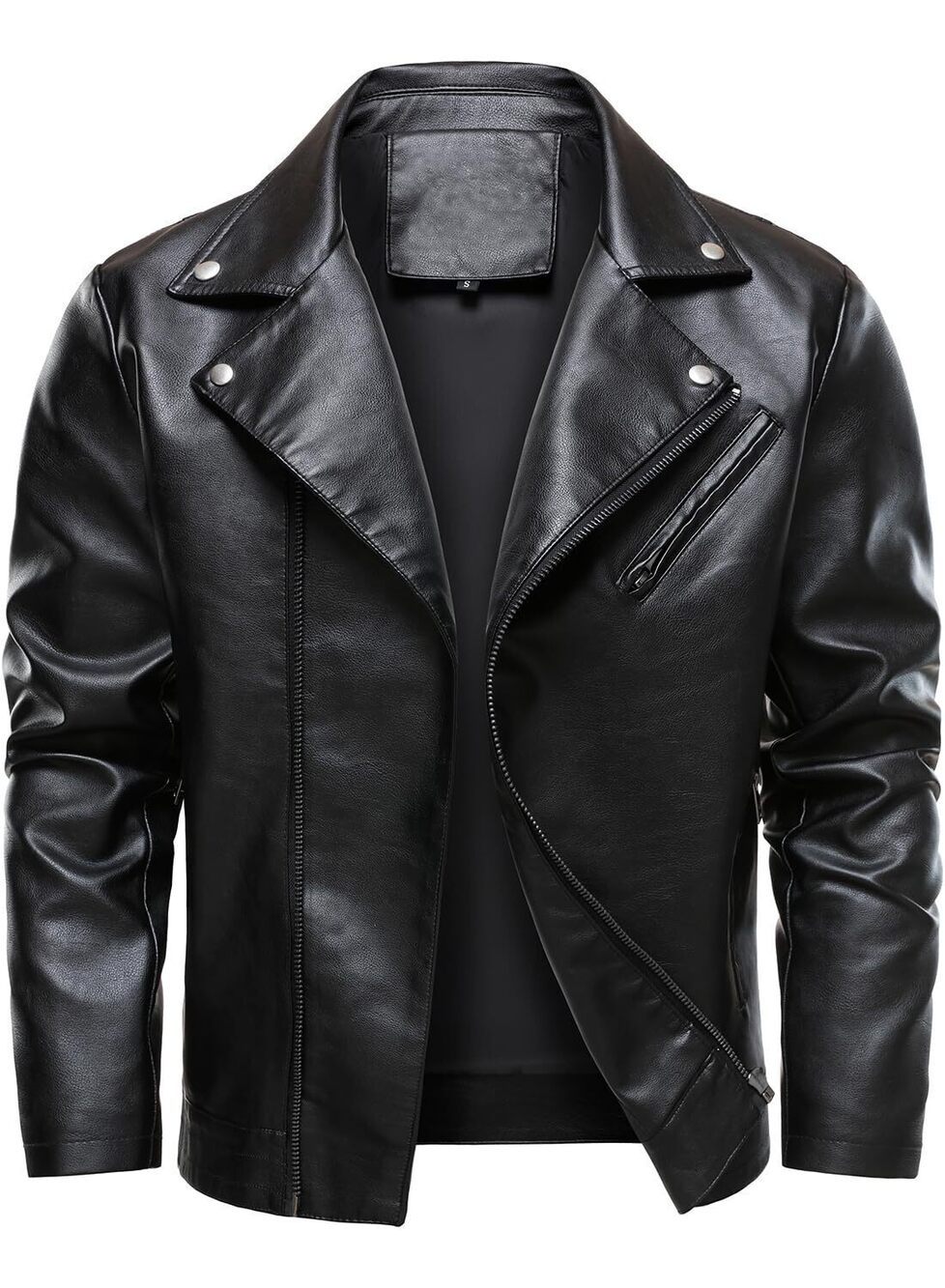 Faux Leather Motorcycle Jacket Men Black L Biker